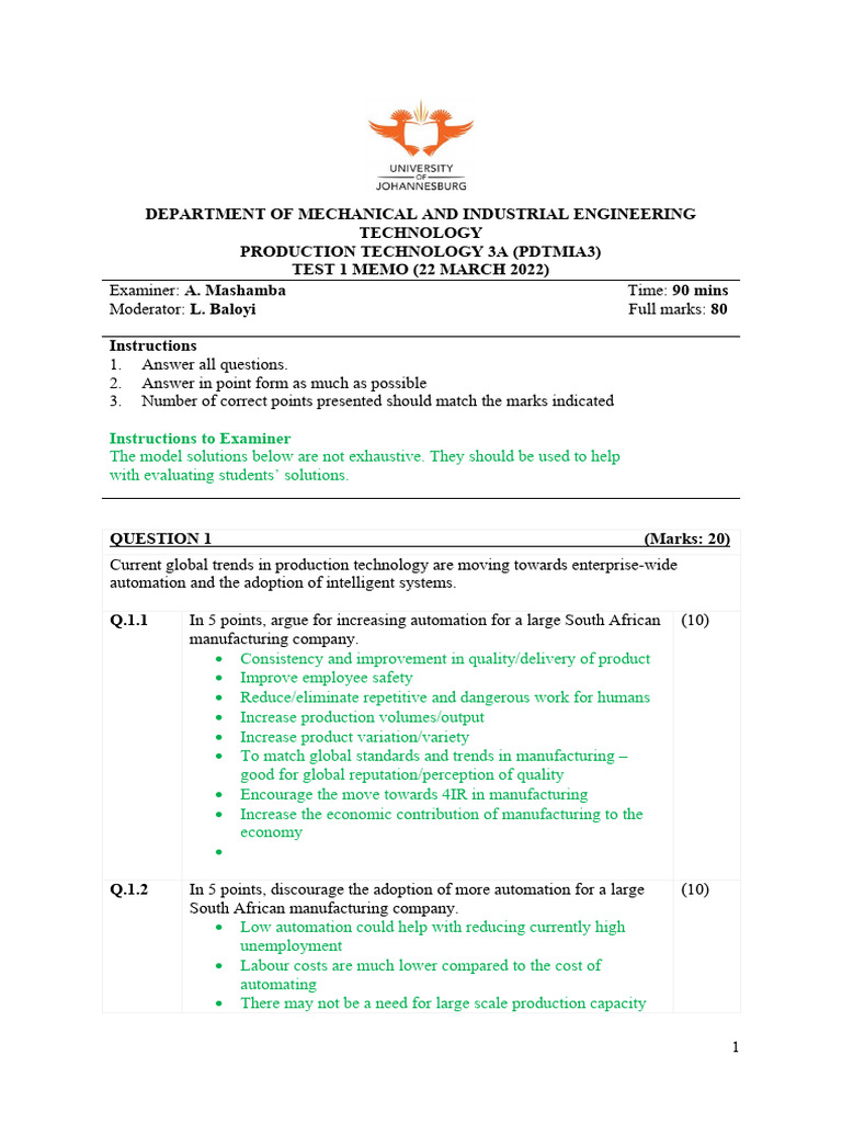 Test 1 Memo Pdf Robotics Automation