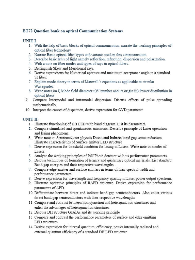 OCN Question Bank PDF Laser Optics