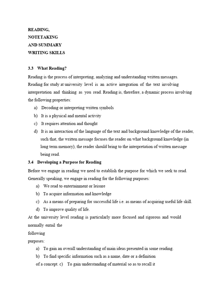 Reading, Note Taking and Summarization Skills PDF Reading