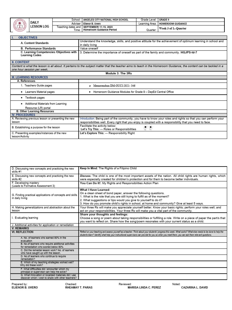 Grade 9 Homeroom Guidance Lesson Plan | PDF | Learning | Cognitive ...
