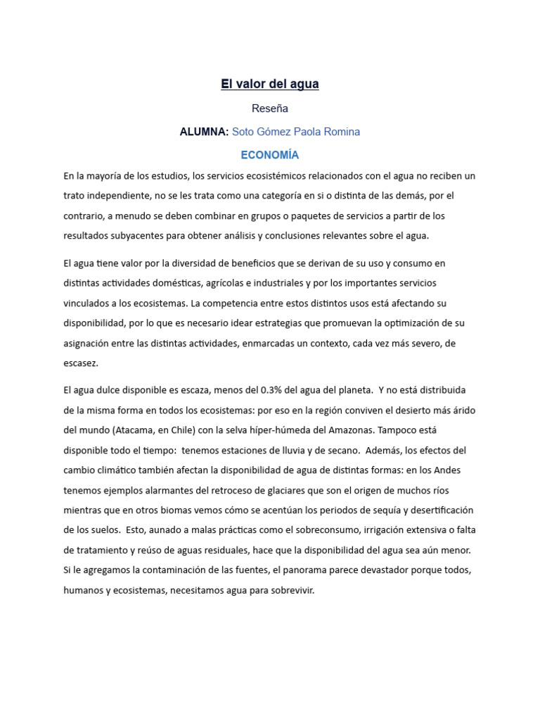 El Valor Del Agua | PDF | Agua | Ciencias de la Tierra