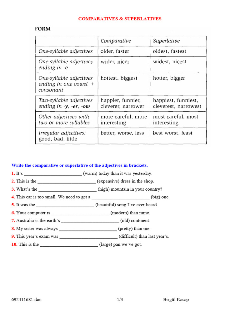 Comparatives and Superlatives Exercises | PDF | Linguistic Morphology ...