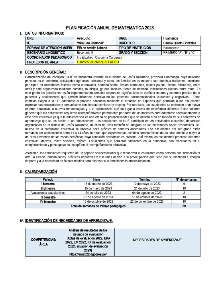 Planificación Anual de Primer Grado PDF Aprendizaje Maestros
