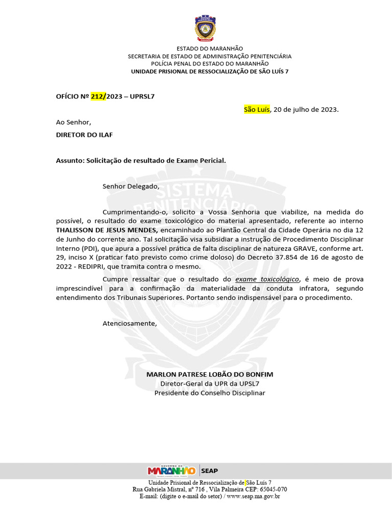 Modelo Of. Cobrando Laudo Toxicologico | PDF