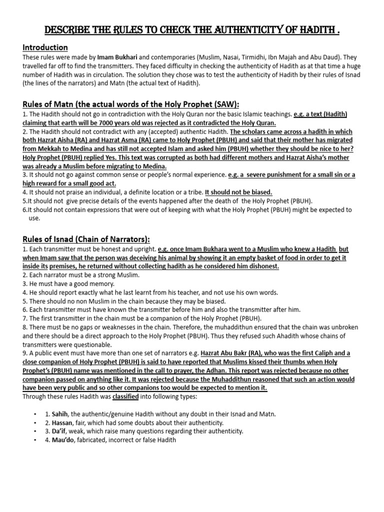 Rules to check the authenticity of hadith with examples pdf hadith
