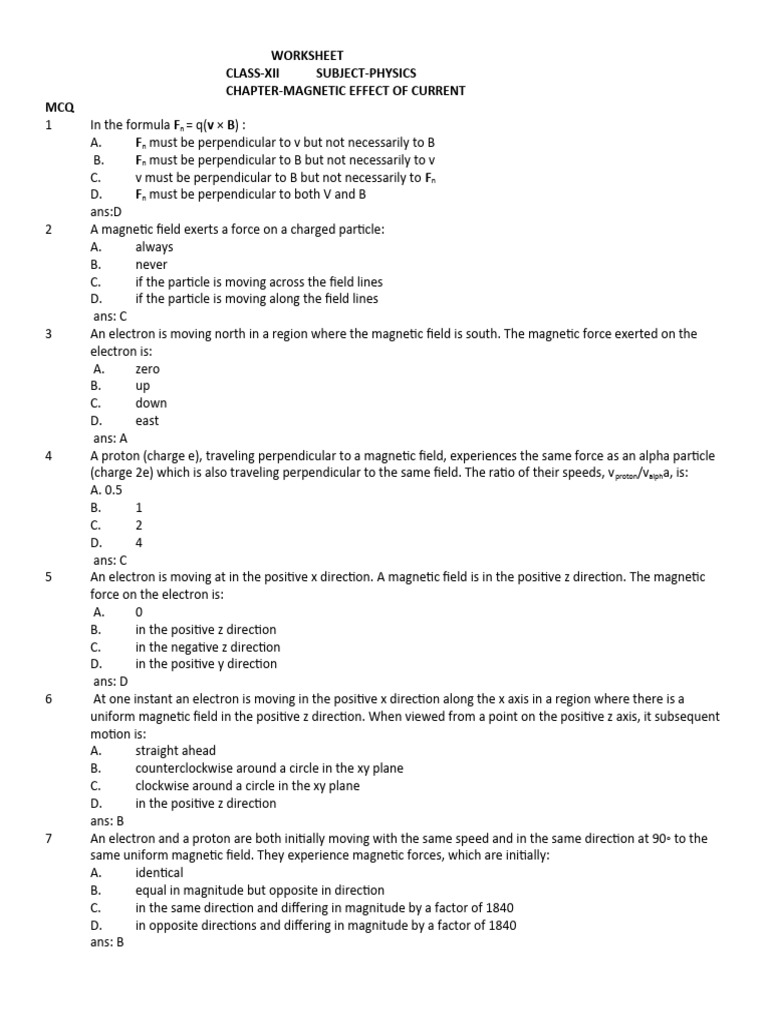 Worksheet Xii (2) Magnetic Effect 22 | PDF | Magnetic Field | Force