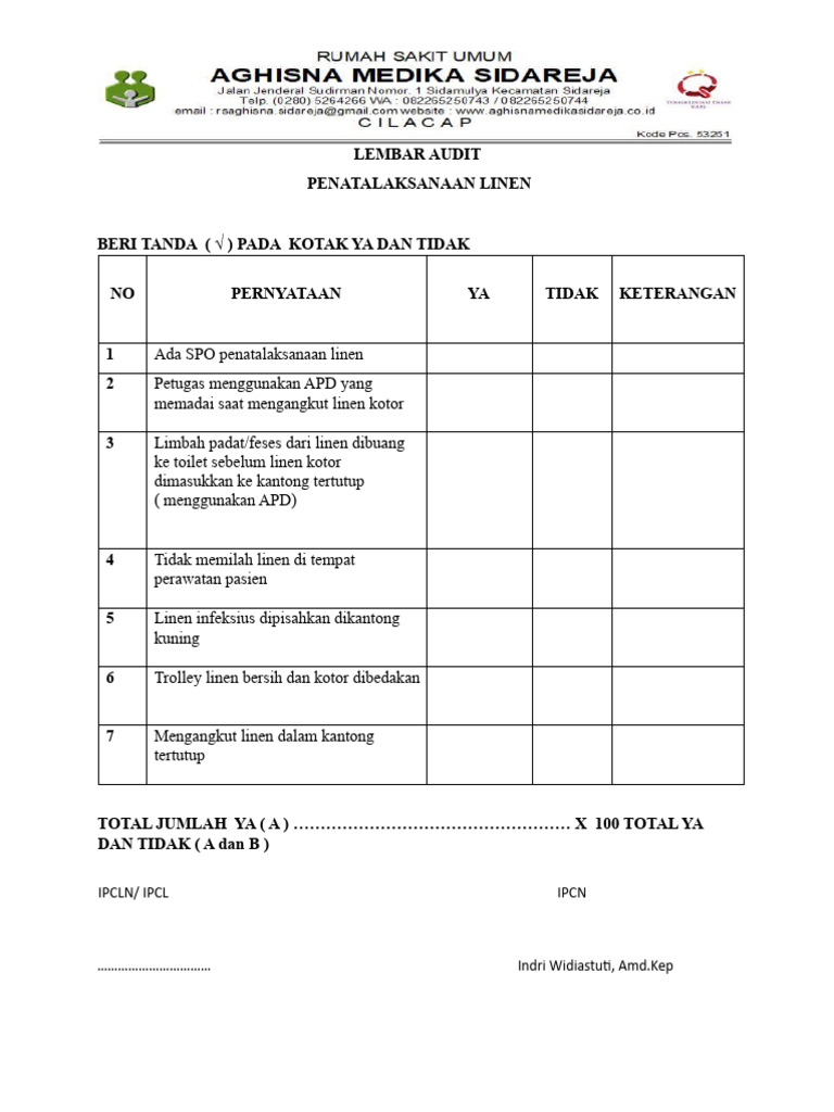 Form Lembar Audit Penatalaksanaan Linen | PDF