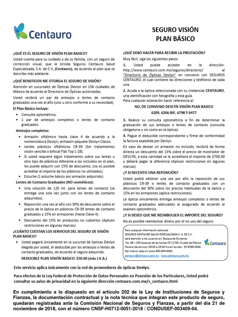 Seguro de Visión Plan Básico Centauro | PDF | Lentes | Seguro