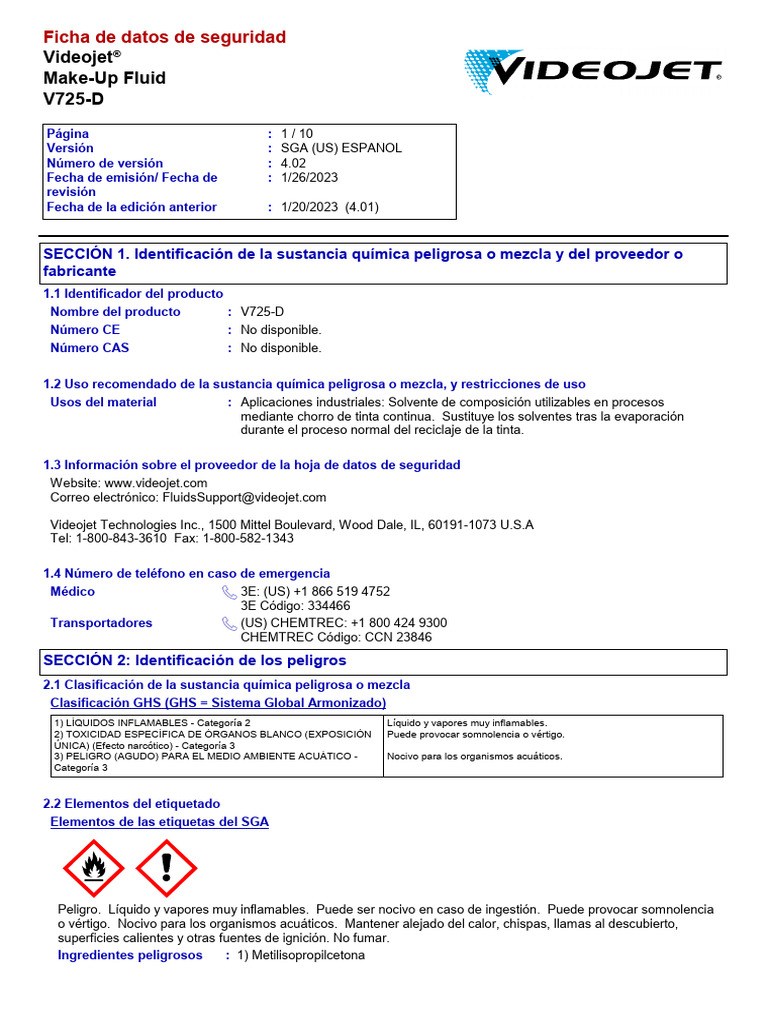 Videojet MakeUp Fluid Ficha de Datos de Seguridad PDF Residuos
