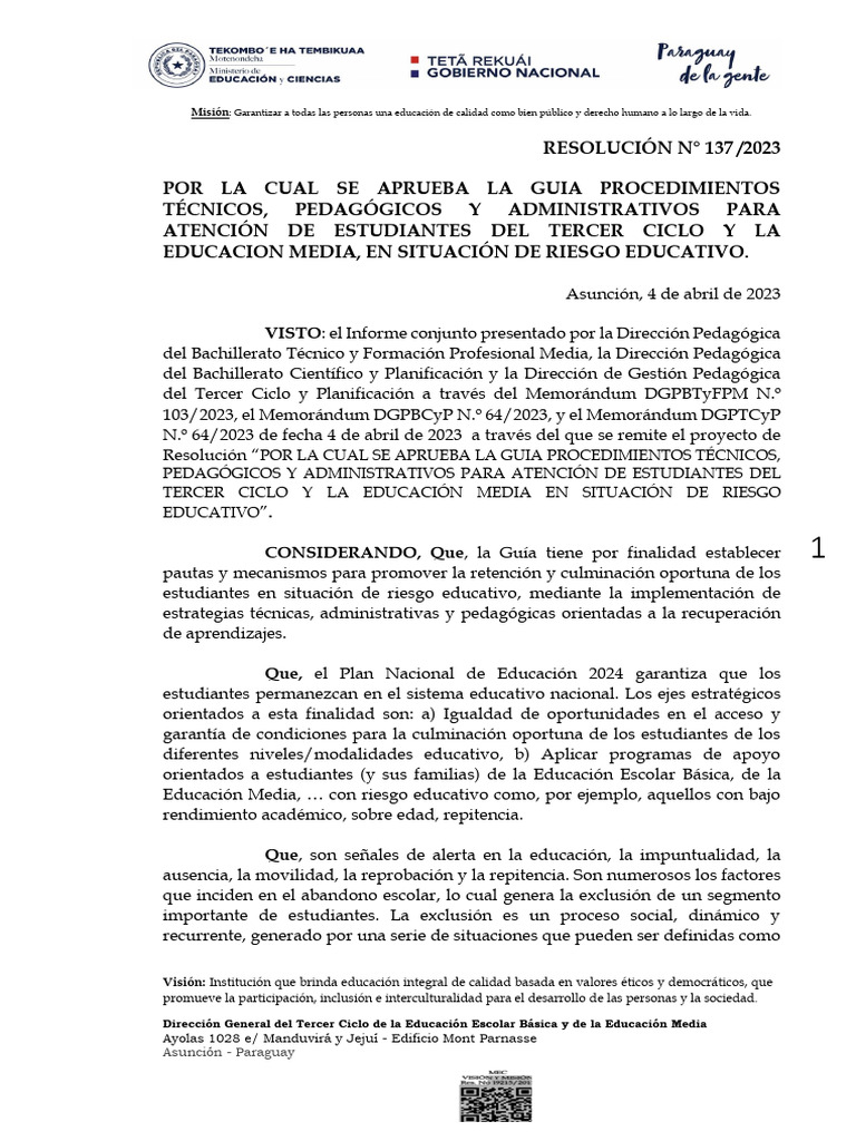 0137 Resolucion Riesgo Academico 04042023 | PDF | Educación primaria ...