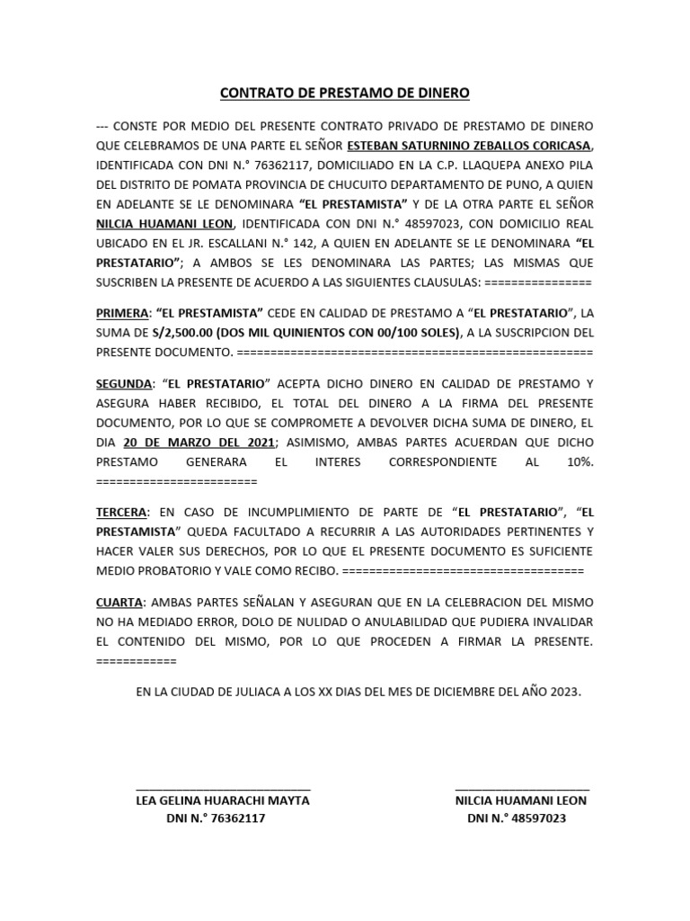 Contrato de Prestamo de Dinero | PDF
