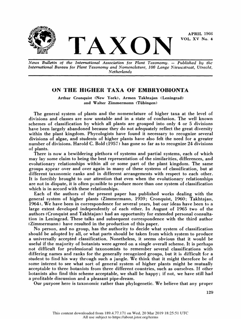 Cronquist &al 1966 | PDF | Taxonomy (Biology) | Taxon