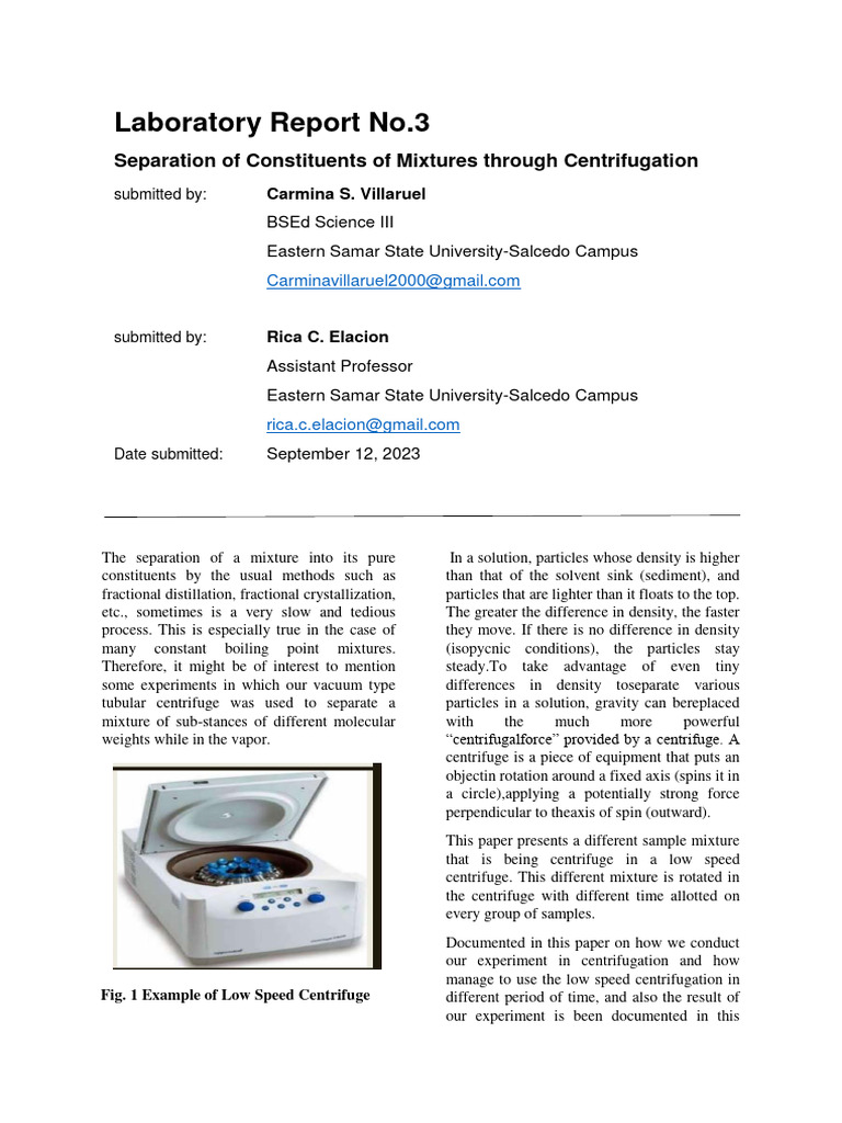 Laboratory Report 3 Centrifuge PDF Centrifuge Centrifugation