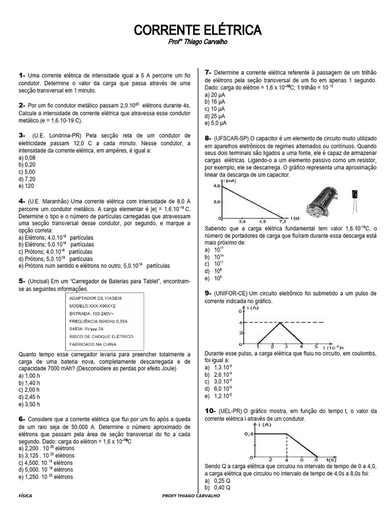 Exercícios sobre Corrente Elétrica | PDF | Eletricidade | Corrente elétrica