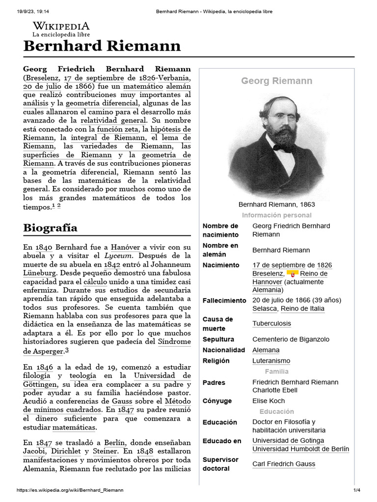 Biografía de Bernhard Riemann | PDF | Matemáticas | Análisis matemático