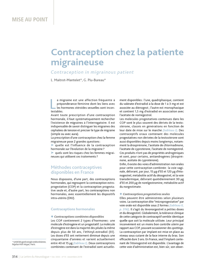 Contraception Chez Patiente Migraineuse L. Maitrot-Mantelet Nov ...