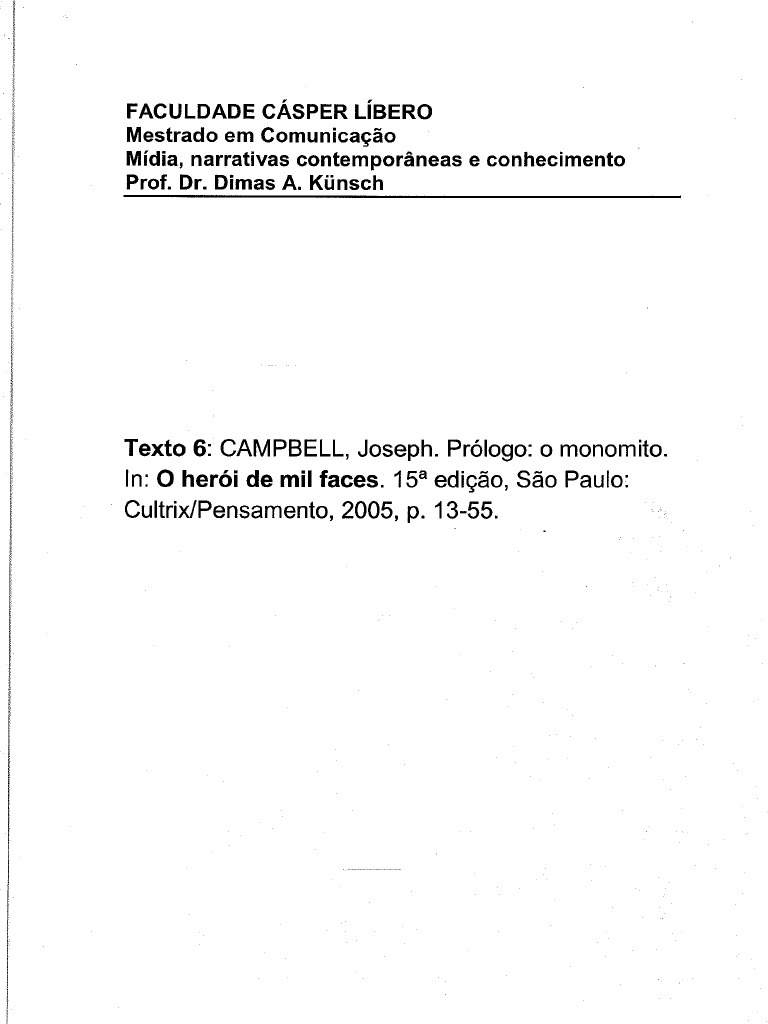 CAMPBELL, Joseph. Prólogo o Monomito. in O Herói de Mil Faces. PDF