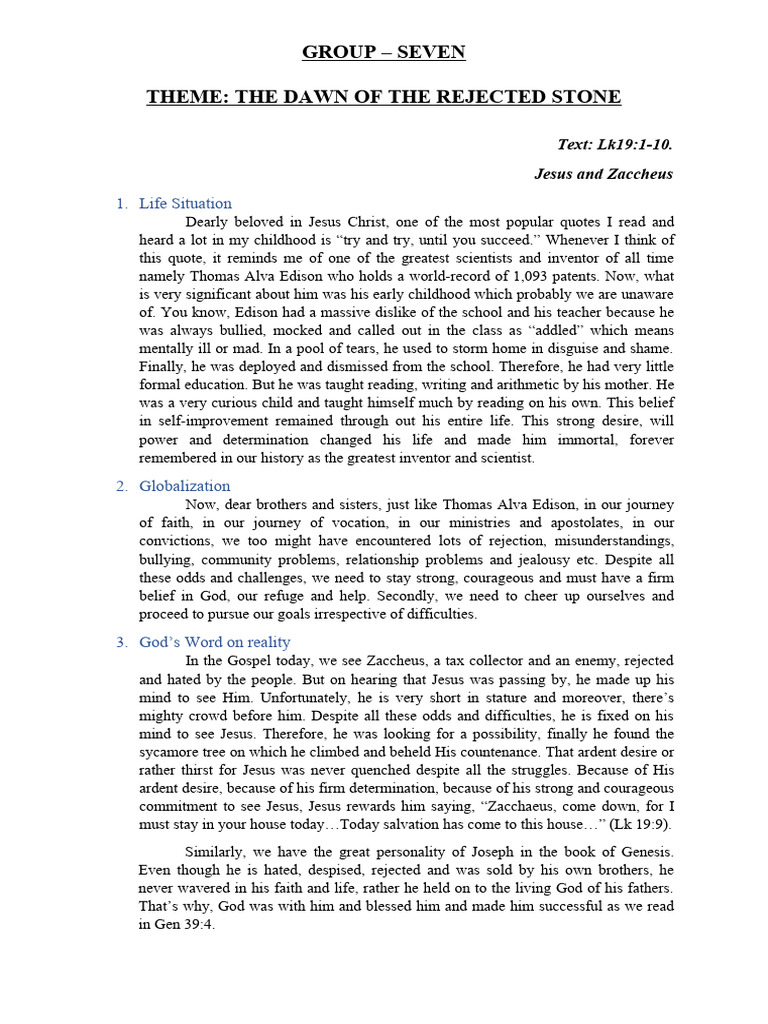 Group Seven Theme The Dawn of The Rejected Stone 1. Life Situation