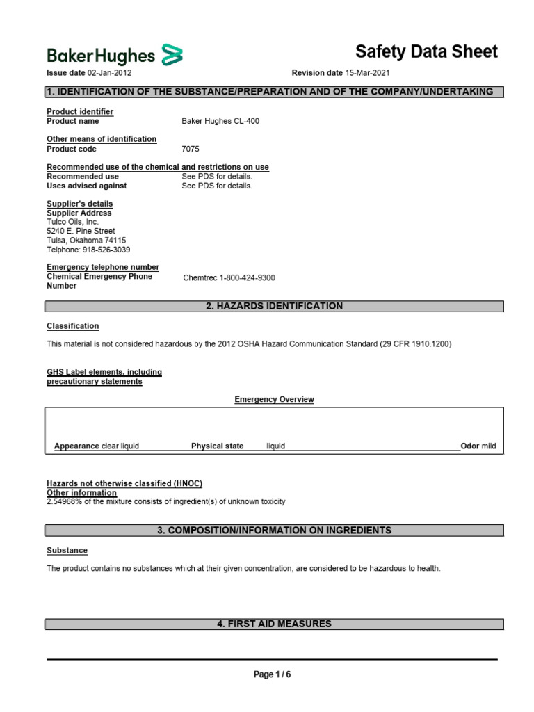 Baker Hughes CL-400 Safety Data Sheet | PDF | Personal Protective ...