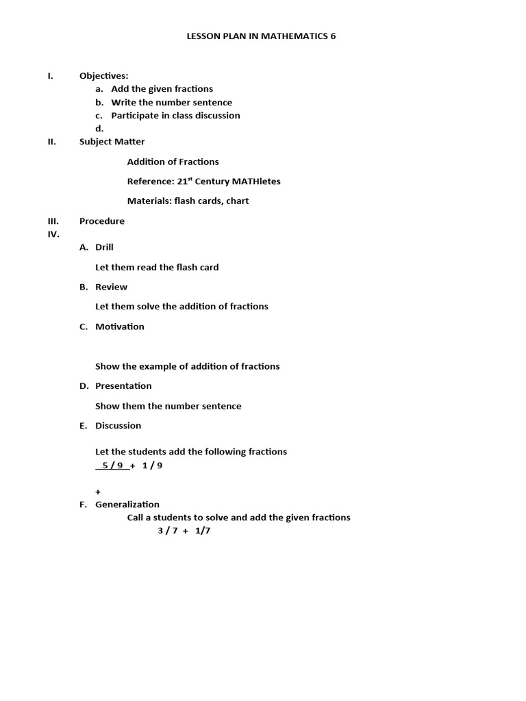 6th Grade Fraction Addition Lesson Plan | PDF | Teaching Methods ...