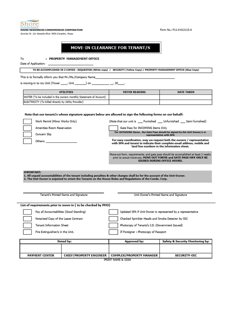 GPMC Standard Form - Move in Clearance VFeb032021 | PDF | Condominium ...