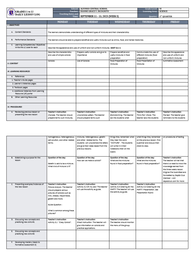 Dll Science 6 Q1 W3 Pdf Teachers Learning