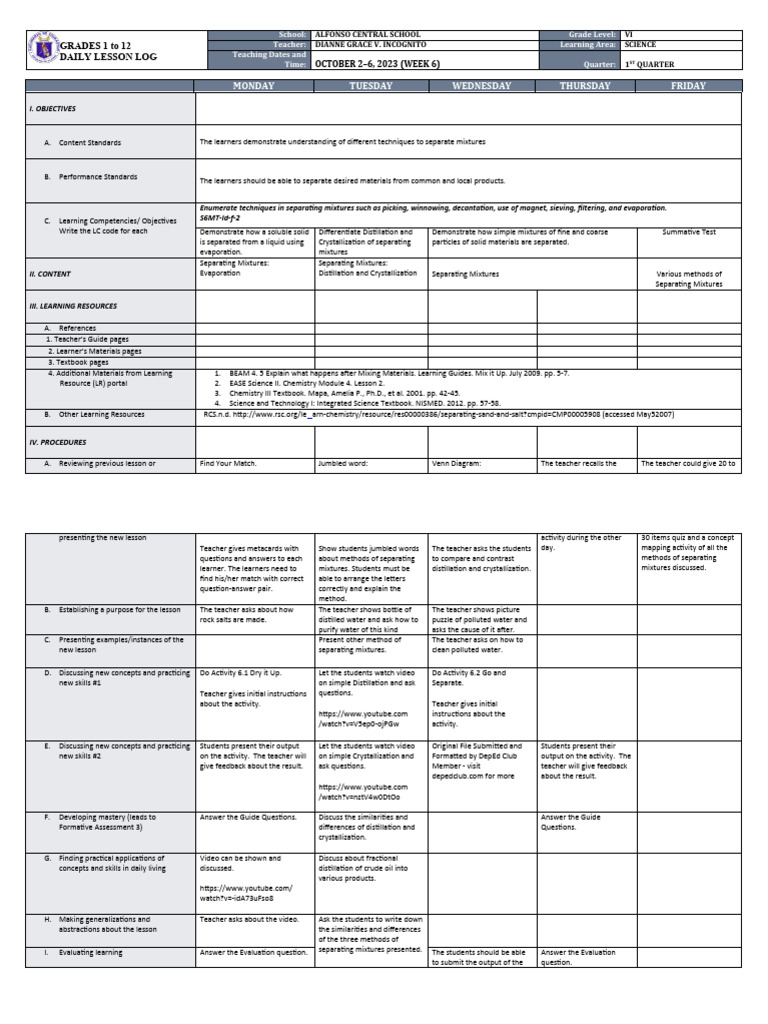 DLL - Science 6 - Q1 - W6 | PDF | Learning | Behavior Modification