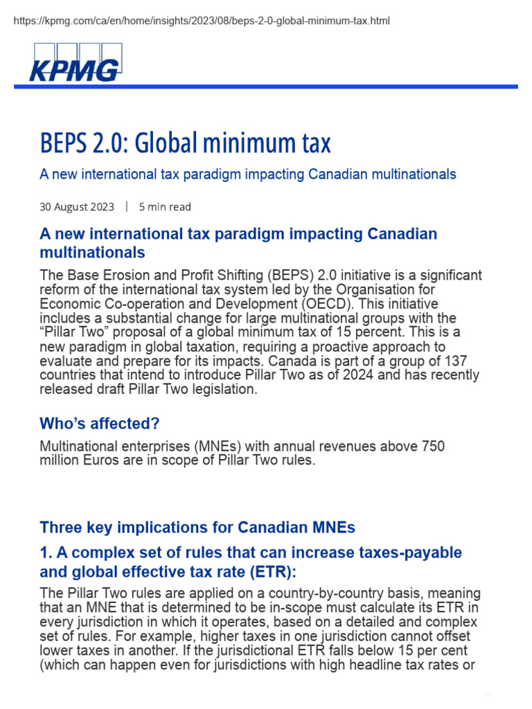 BEPS 2.0 Global Minimum Tax KPMG Canada PDF Taxes Economies