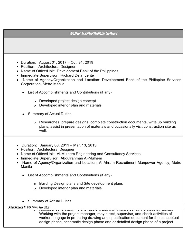 Work experience sheet cs form no 212 pdf