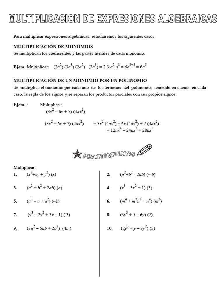 Multiplicación de Expresiones Algebraicas | PDF