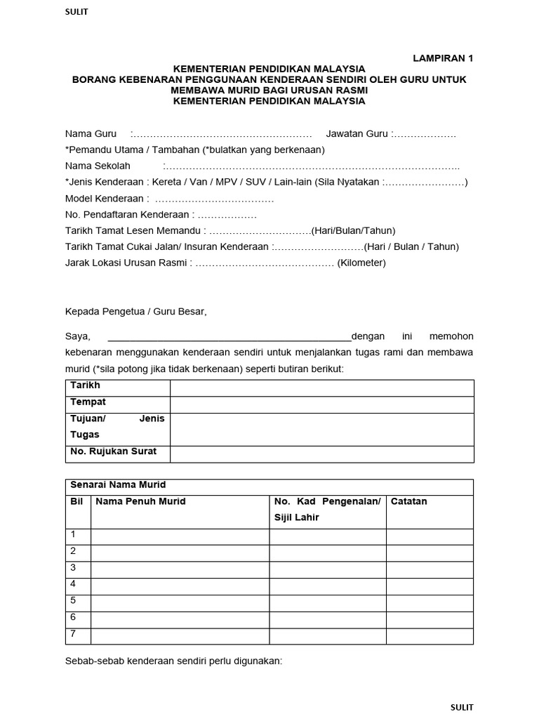 Borang Kebenaran Membawa Murid Menggunakan Kenderaan Sendiri Sop | PDF