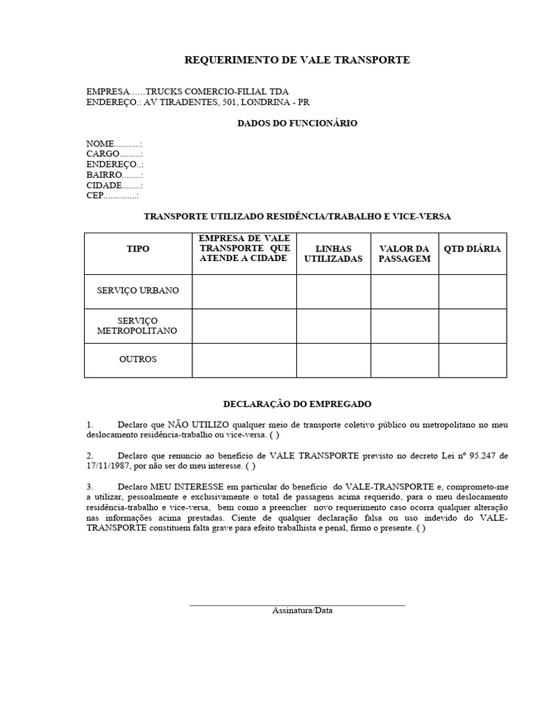 Requerimento de Vale Transporte | PDF
