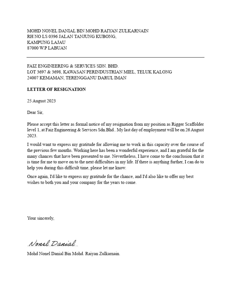 Resignation Letter from Rigger Scaffolder | PDF