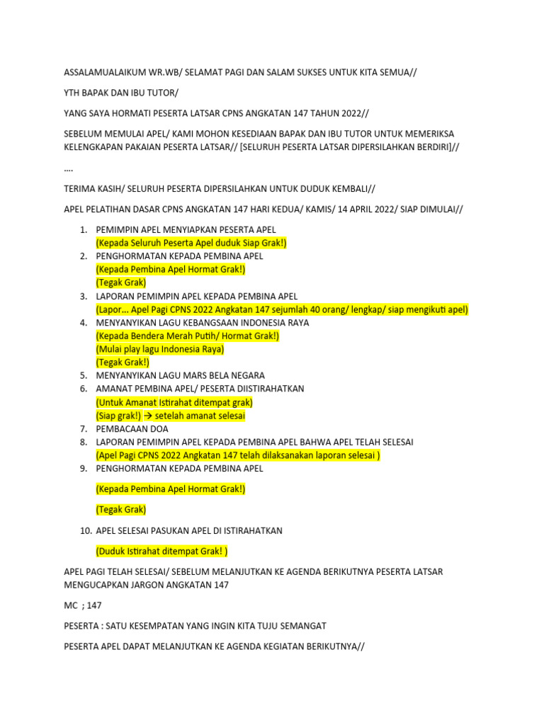 Teks MC Apel Pagi CPNS 2022 | PDF | Memasak, Makanan, & Anggur