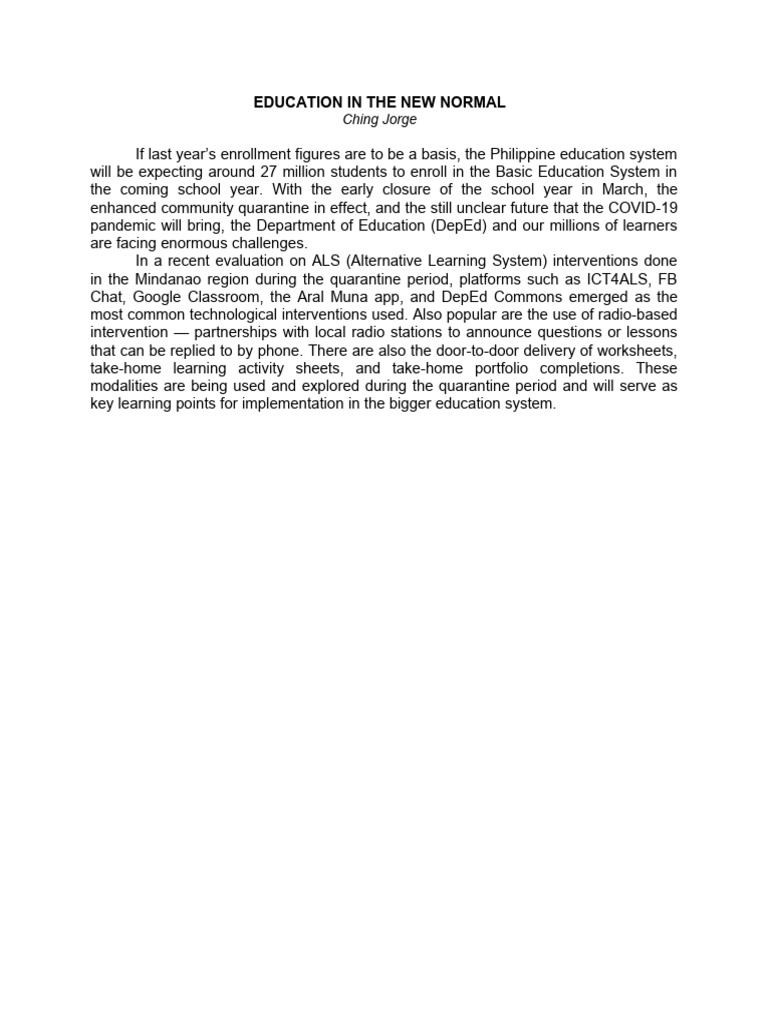 Education Challenges in the New Normal | PDF | Wellness