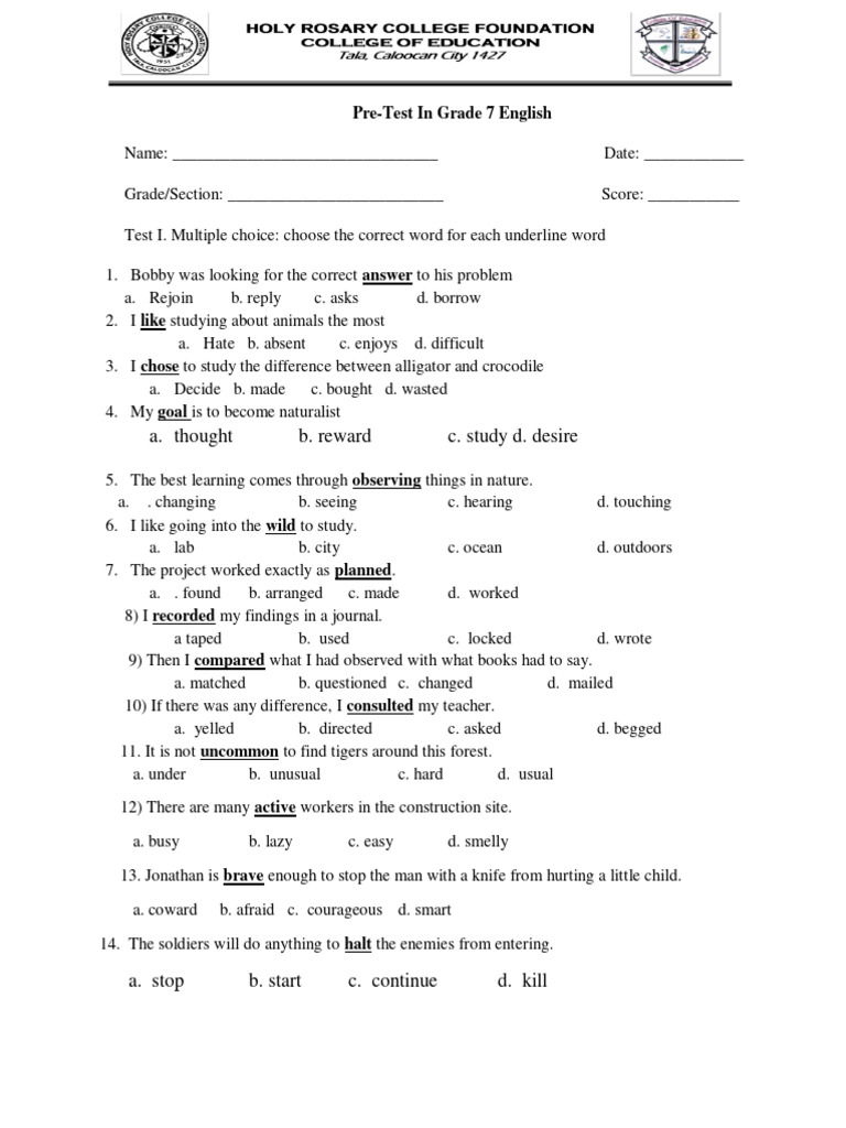 Post-Test Pre Test W Answers Key | PDF | Multiple Choice