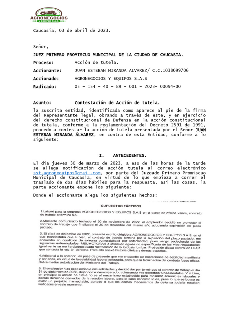 Contestación Acción de Tutela Laboral | PDF | Derecho laboral | Gobierno