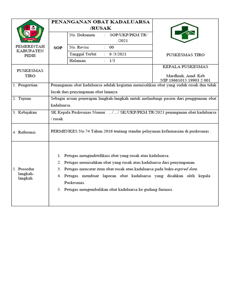 Sop penanganan obat kadaluarsa atau rusak pdf