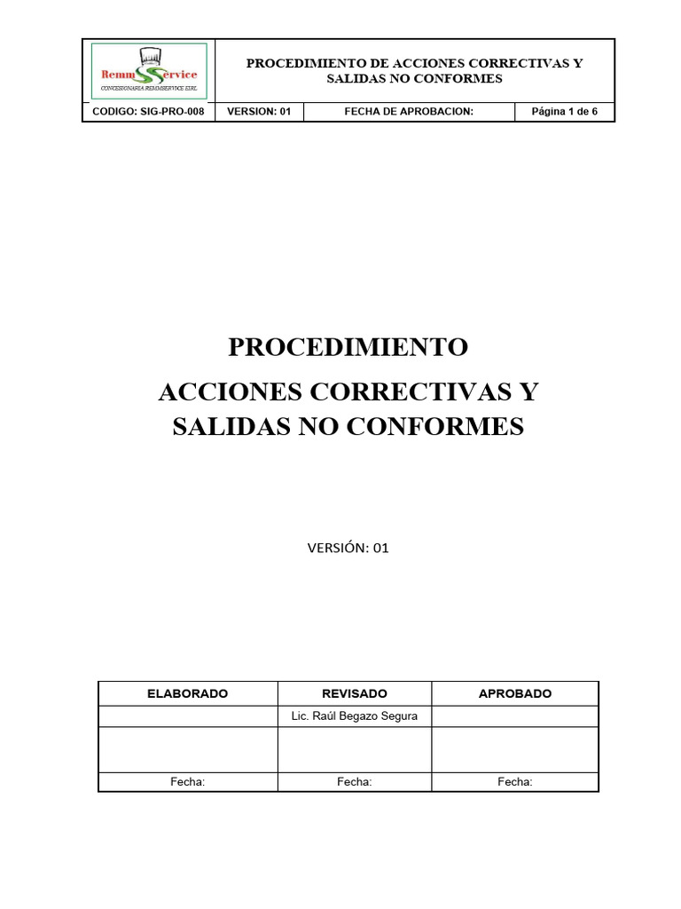 SIG-PRO-009 Procedimiento Acciones Correctivas y Salidas NO Conformes ...