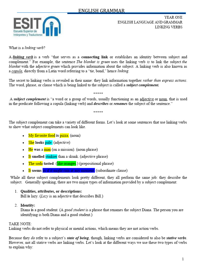 Understanding Linking Verbs and Complements | PDF | Subject (Grammar ...