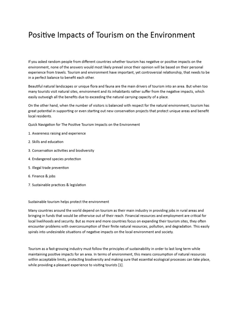 Positive Impacts of Tourism On The Environment | PDF | Tourism ...
