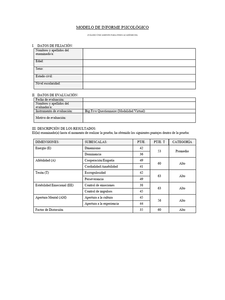 Modelo de Informe Psicológico - Pa3 | PDF | Las emociones | Cognición
