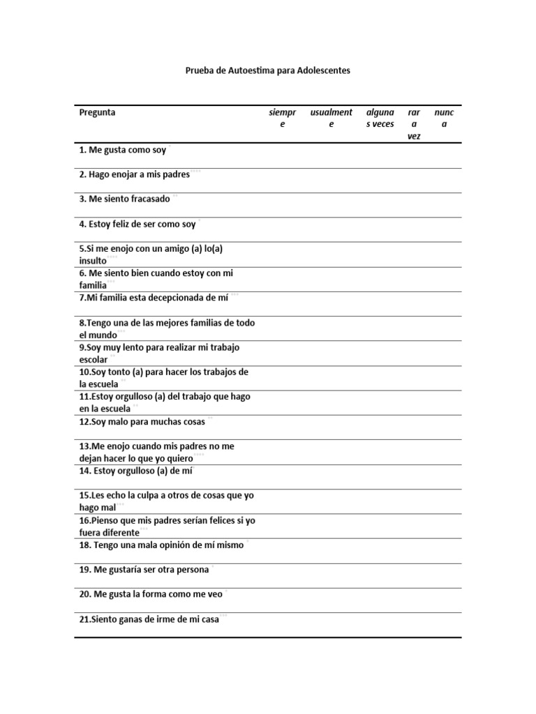 Prueba de Autoestima para Adolescentes | PDF