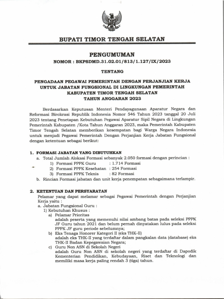 Pengumuman Seleksi PPPK Kab. Timor Tengah Selatan Ta.2023 | PDF