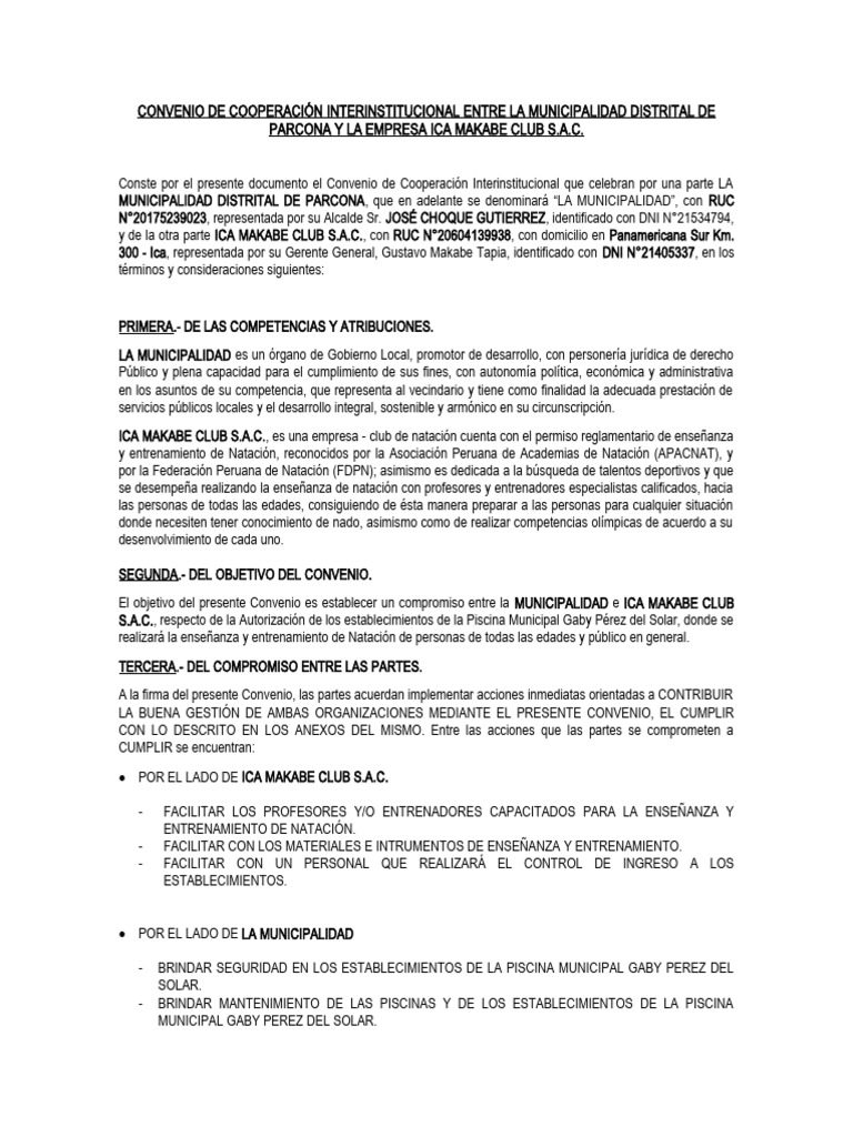 Convenio de Cooperación Interinstitucional Entre La Municipalidad ...