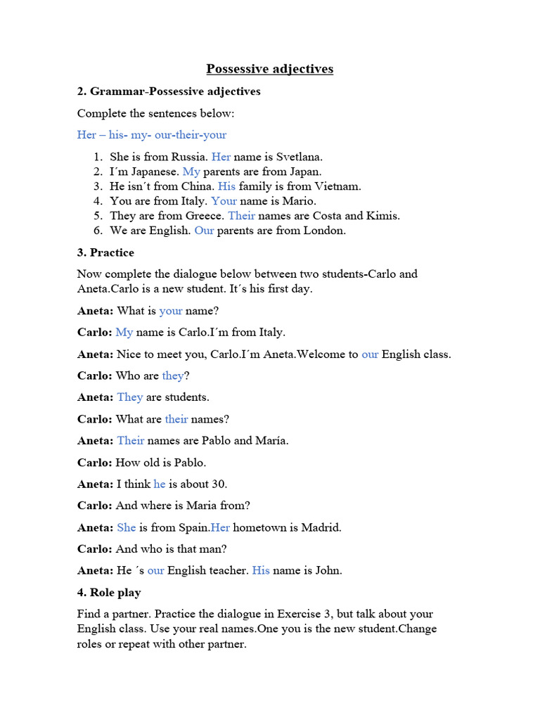 Welcome to English: Possessive Adjectives | PDF | Language Arts ...