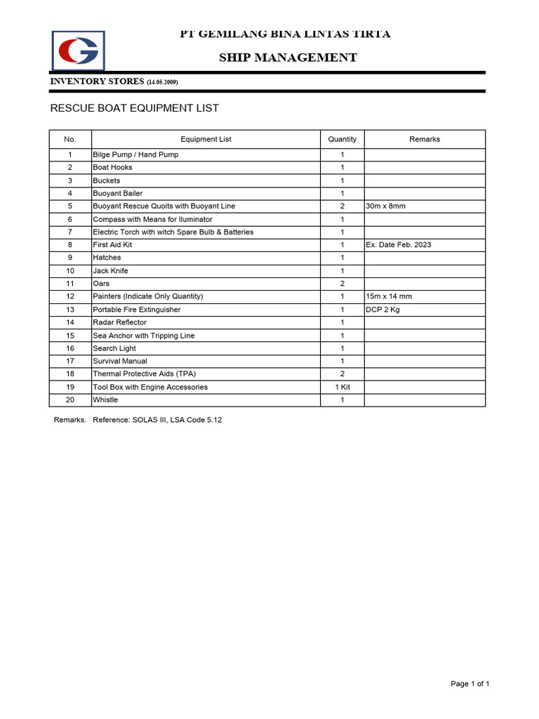 SOLAS-Compliant Rescue Boat Equipment List | PDF