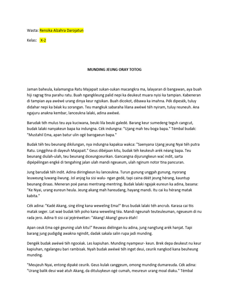 Analisis Dongéng 'Munding Jeung Oray Totog' | PDF