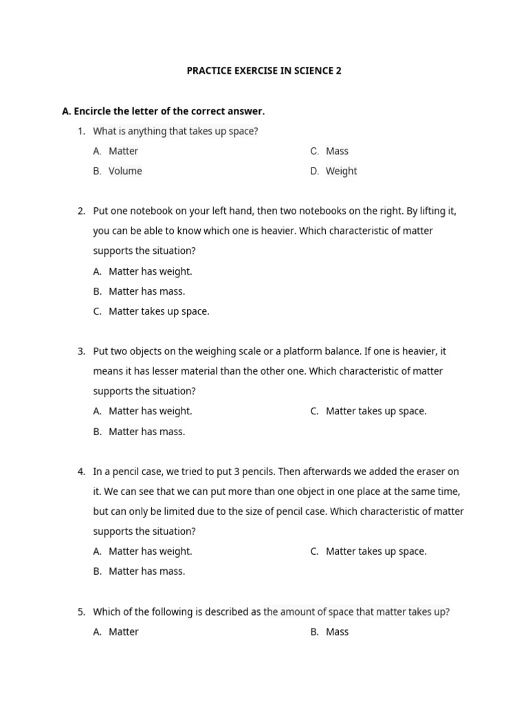 Science Practice Exercise on Matter | PDF | Liquids | Weight