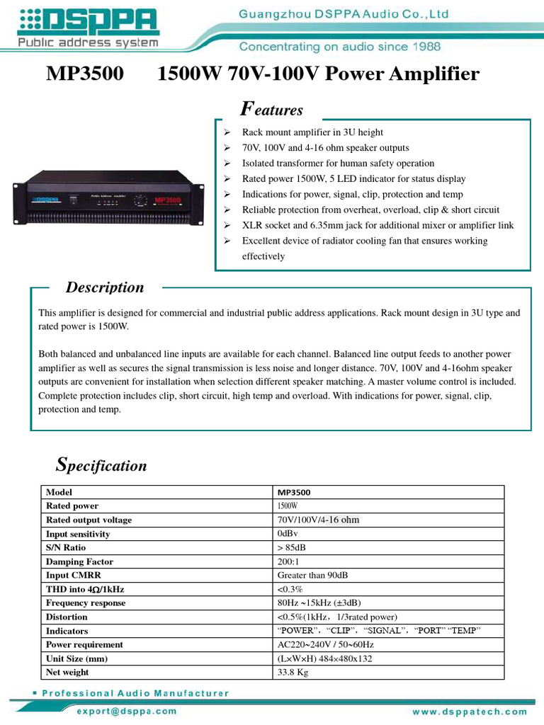 Data Sheet mp3500 1500w 70v 100v Power Amplifier PDF Amplifier